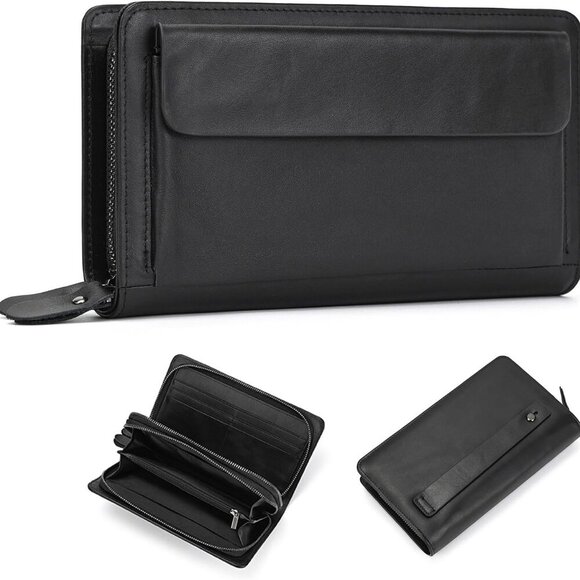 Premium Genuine Leather Wallet: Double Zipper Design with Ample Storage Capacity - Picture 1 of 8